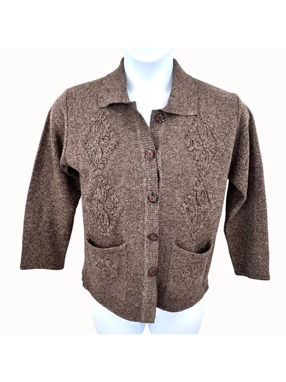 VTG T.C FASHION BRWN KNIT COLLARED CARDIGAN SWEATER EMBROIDERED DETAIL & POCKETS